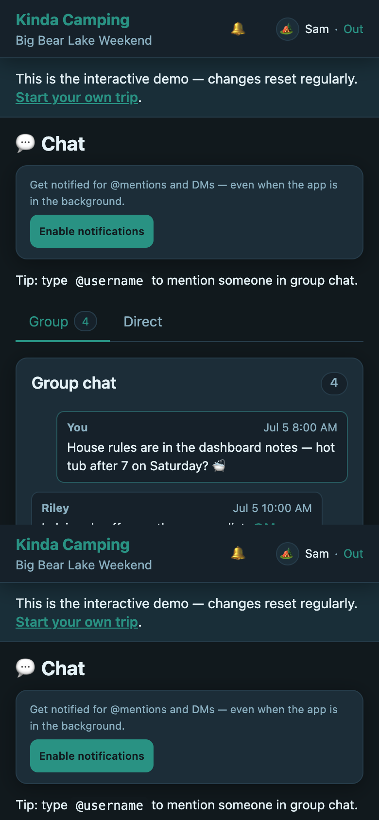 Group chat with trip members planning the weekend