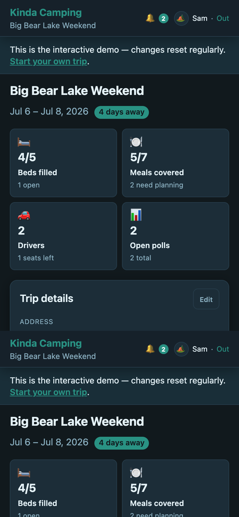Kinda Camping trip dashboard showing beds, meals, and weather